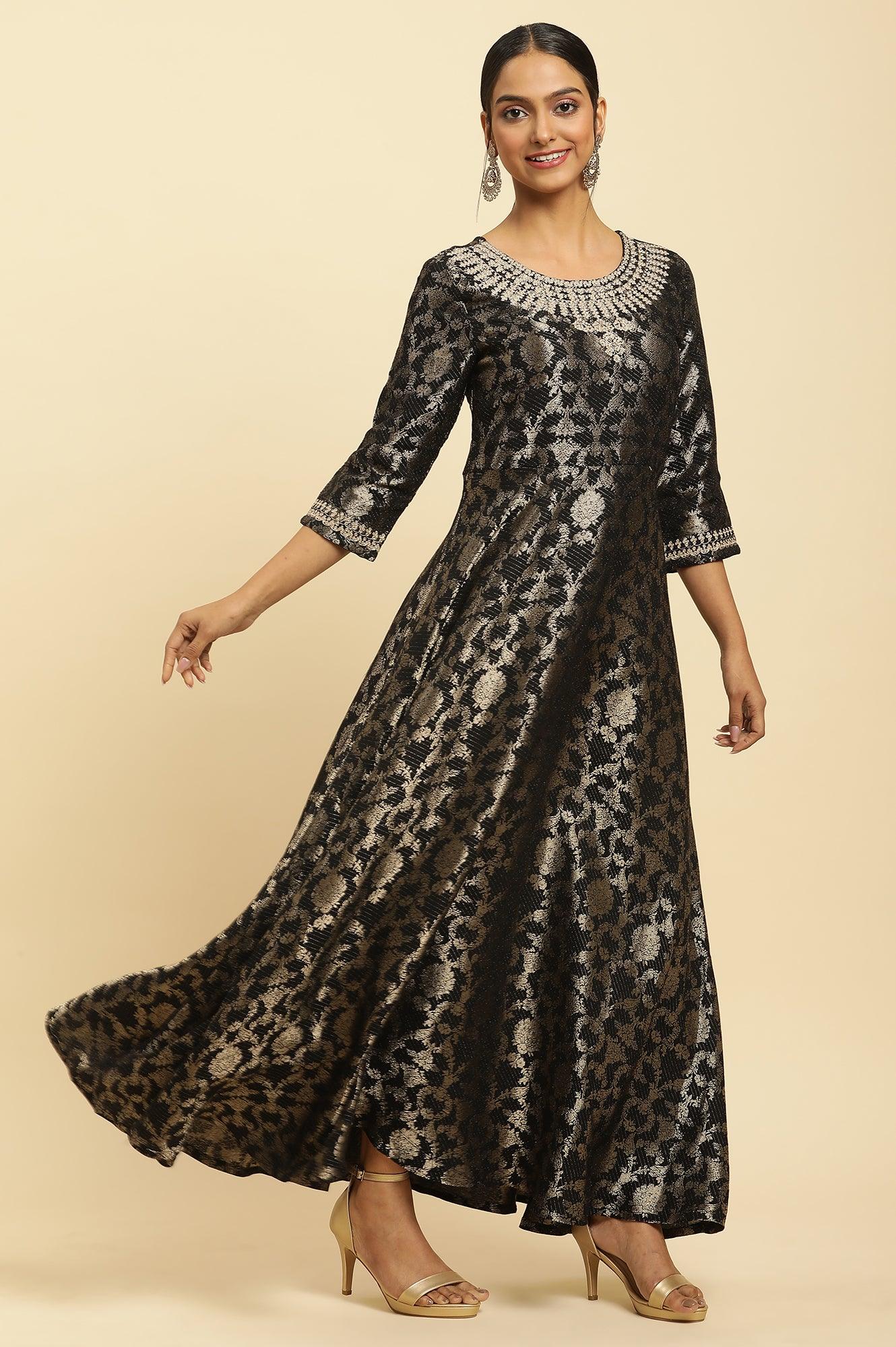 Black Jacquard Embroidered Ethnic Dress - wforwoman