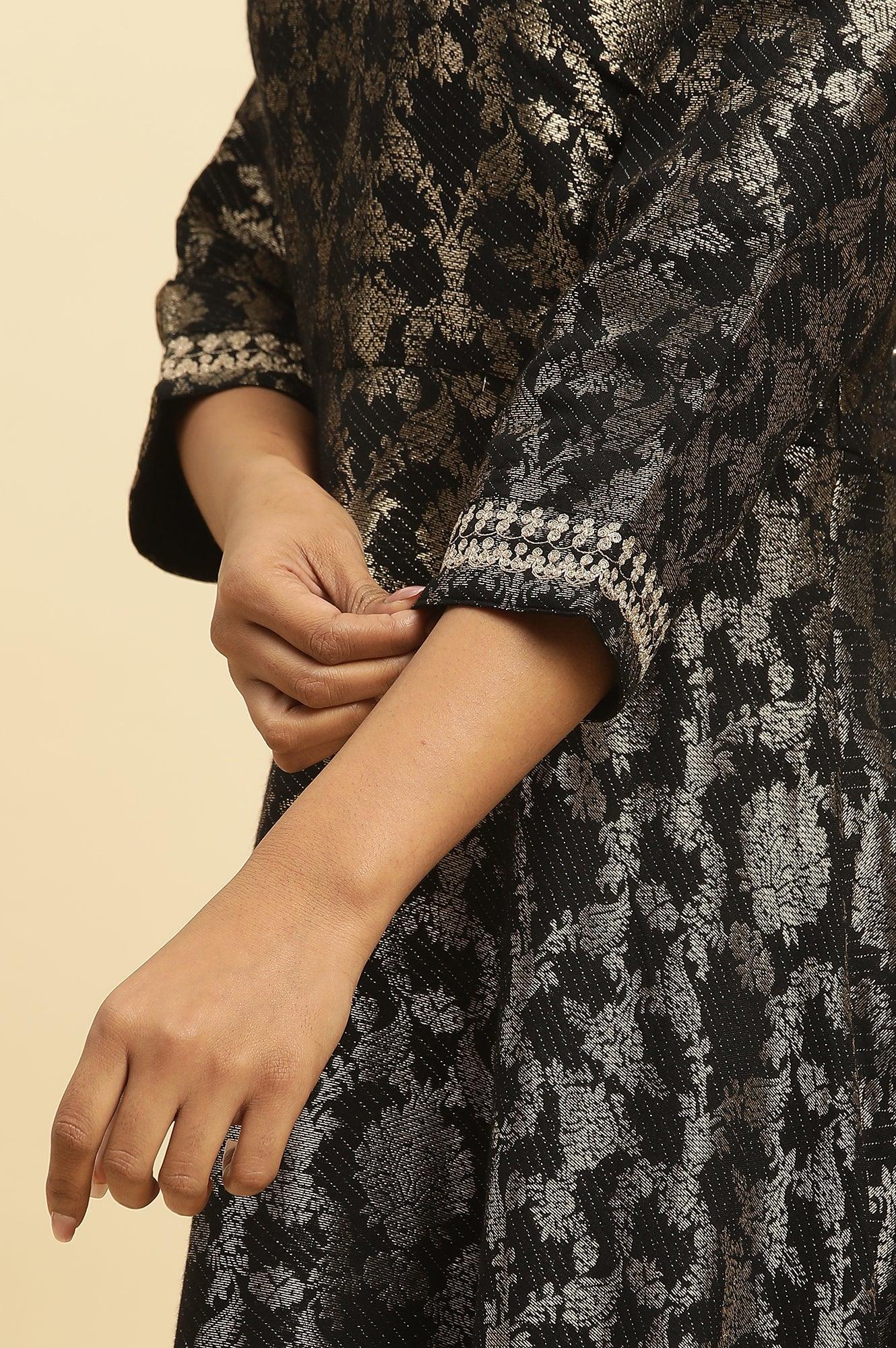 Black Jacquard Embroidered Ethnic Dress - wforwoman