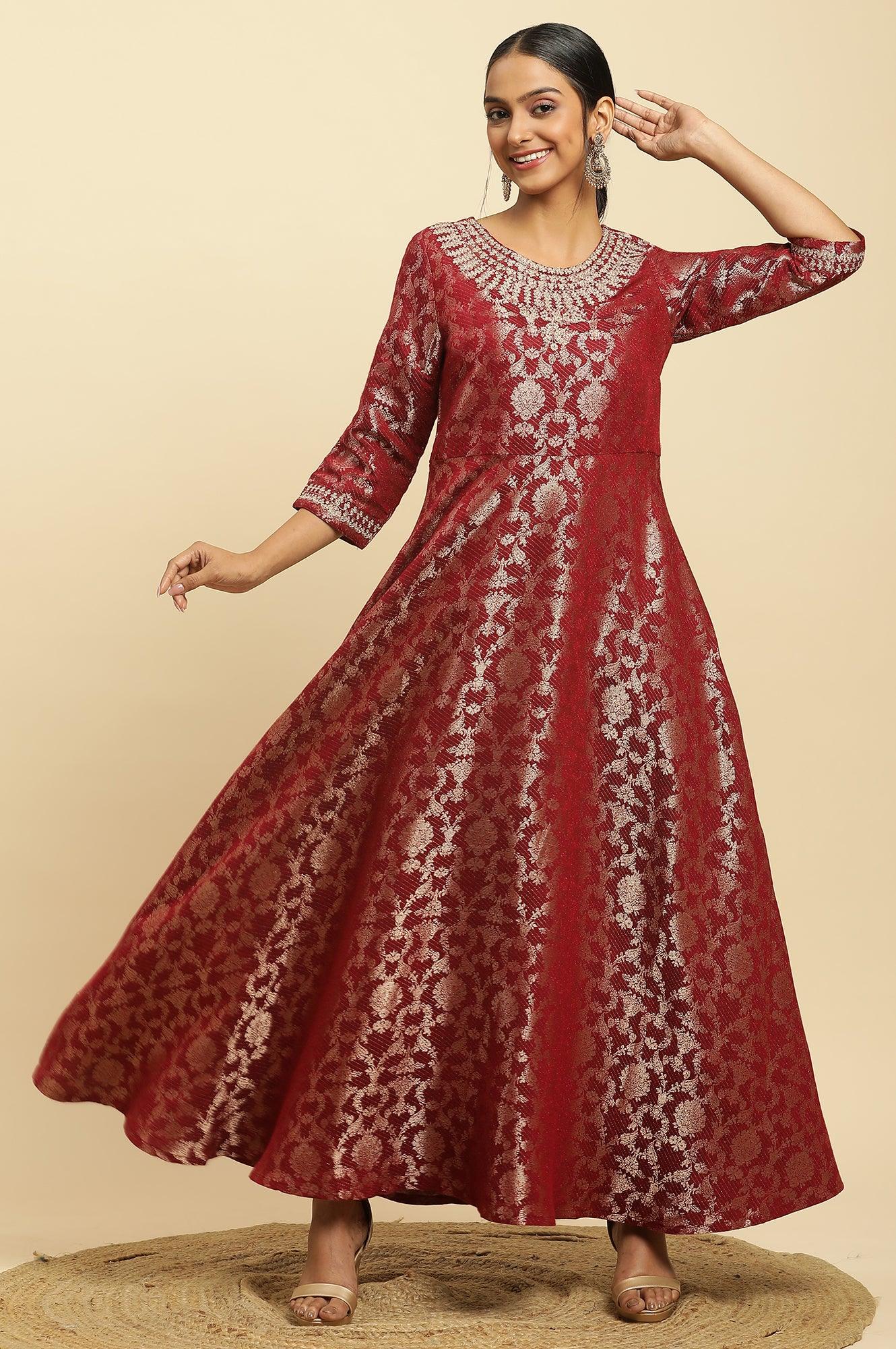 Red Jacquard Embroidered Ethnic Dress - wforwoman