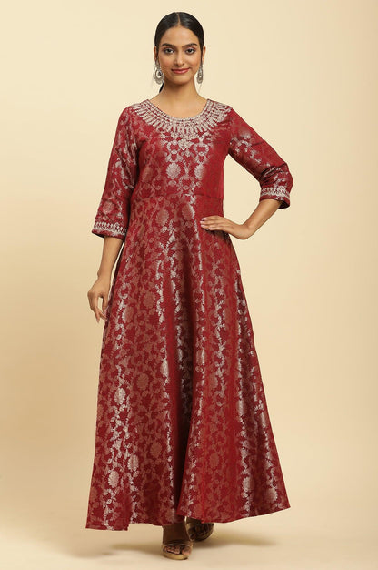Red Jacquard Embroidered Ethnic Dress - wforwoman
