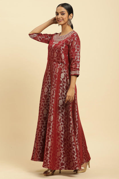 Red Jacquard Embroidered Ethnic Dress - wforwoman