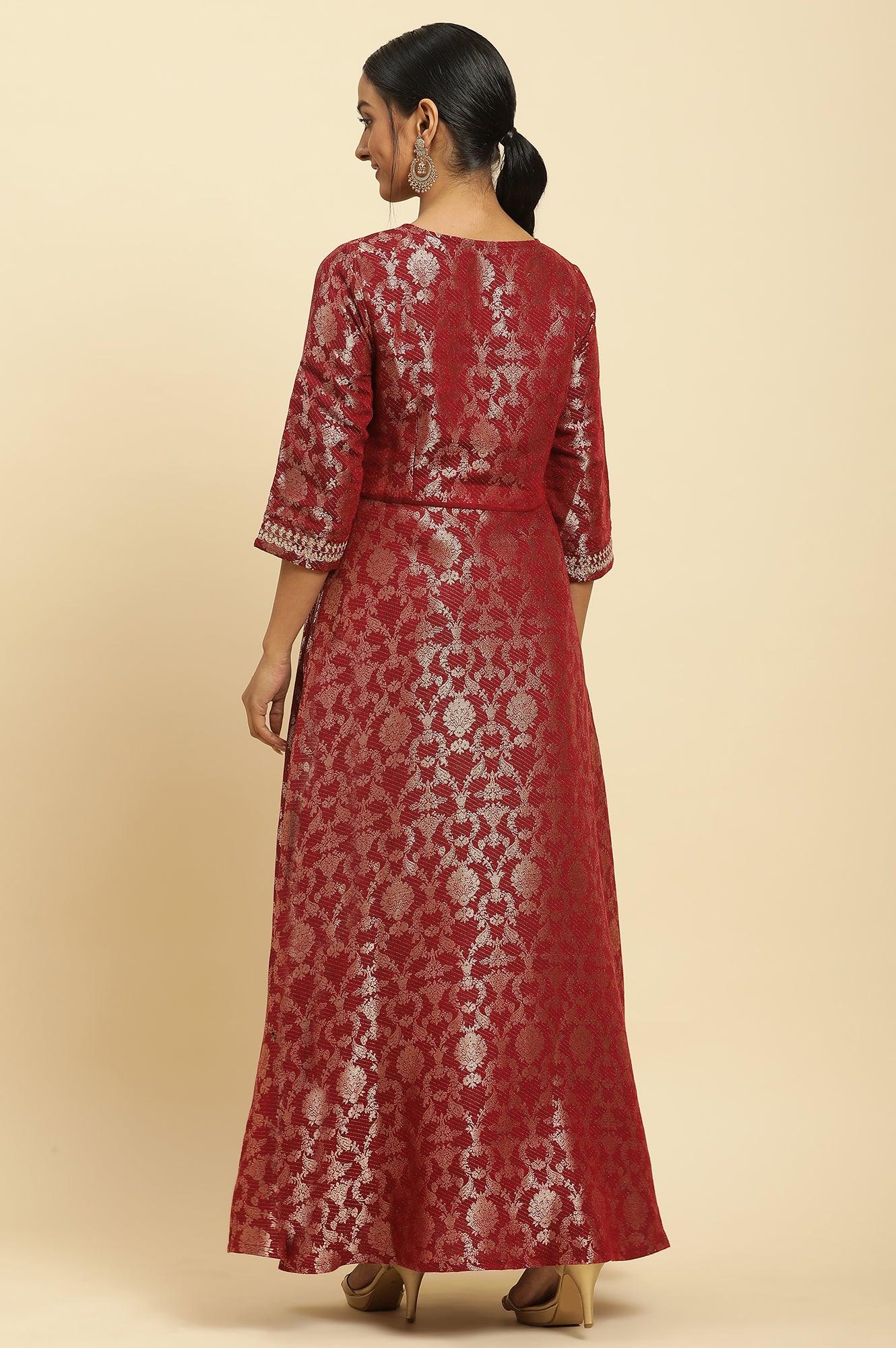 Red Jacquard Embroidered Ethnic Dress - wforwoman