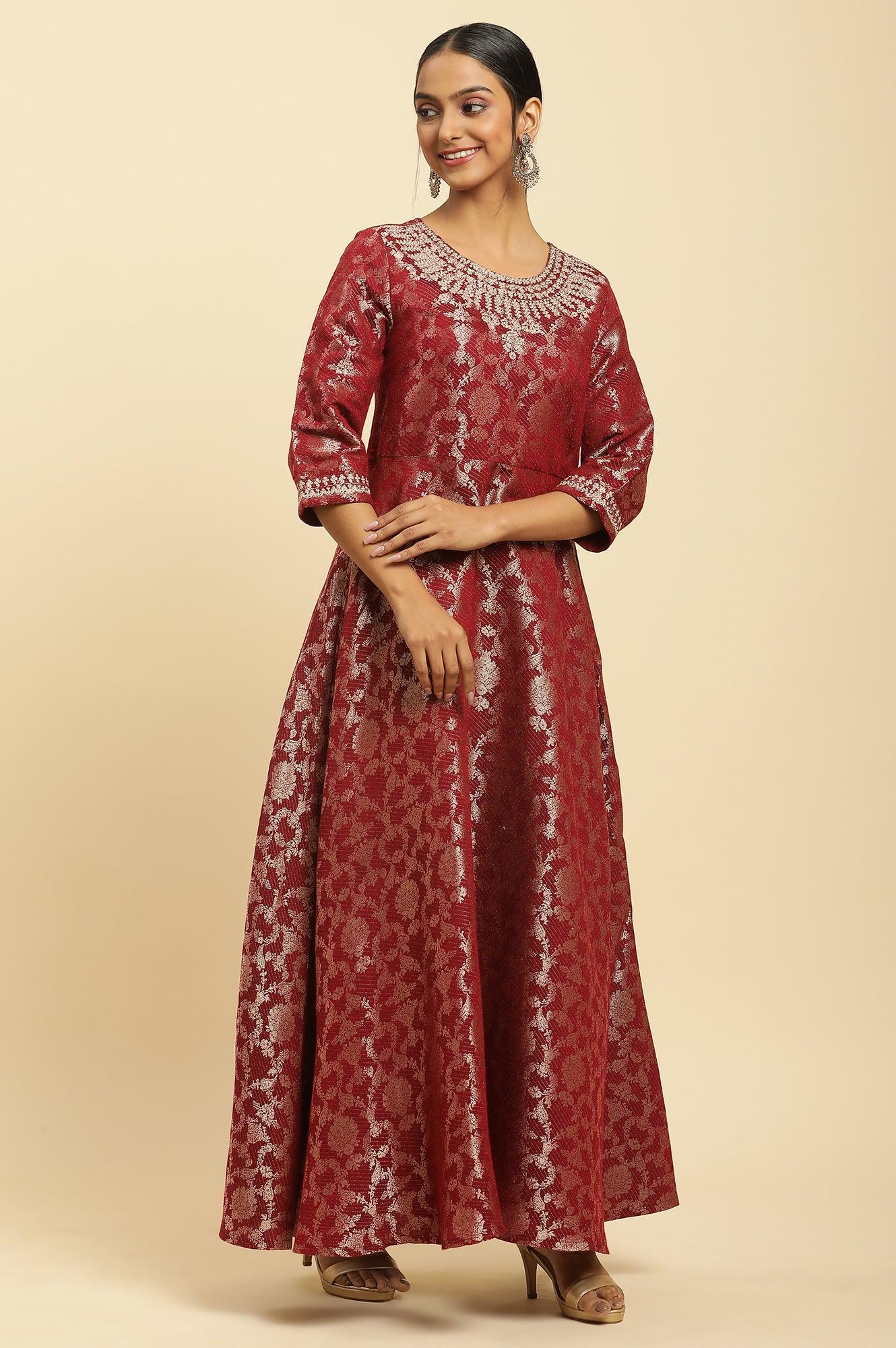 Red Jacquard Embroidered Ethnic Dress - wforwoman