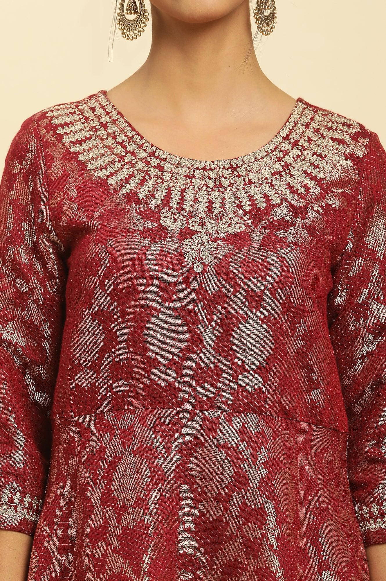 Red Jacquard Embroidered Ethnic Dress - wforwoman