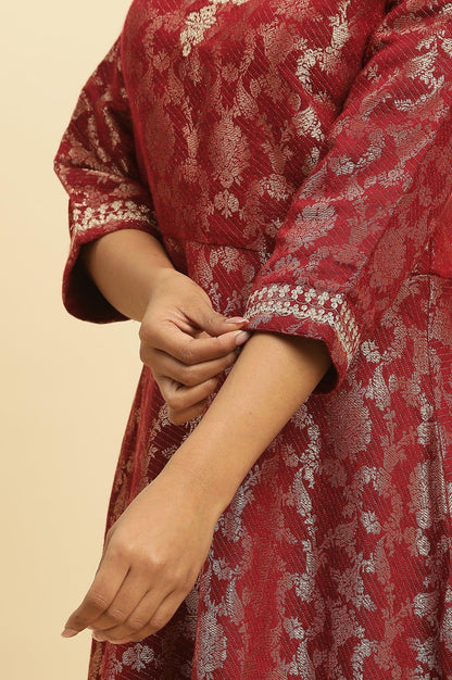 Red Jacquard Embroidered Ethnic Dress - wforwoman