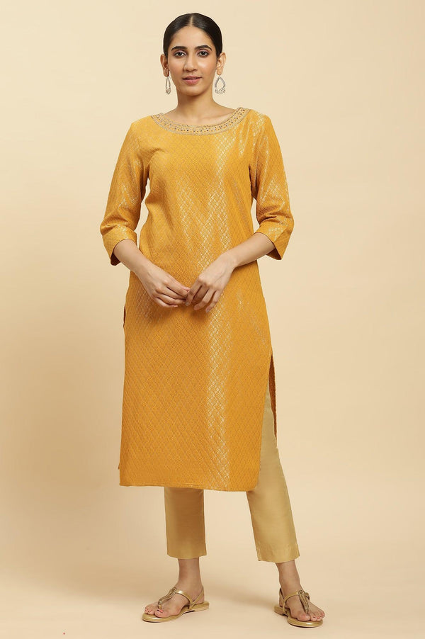 Yellow Dobby Embellished Kurta
