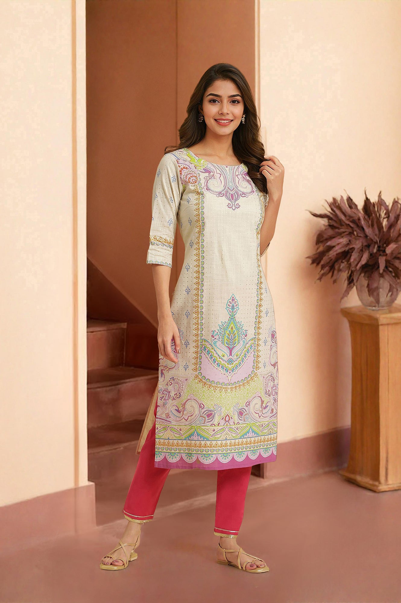 Ecru Straight Kurta With Multi-Coloured Print