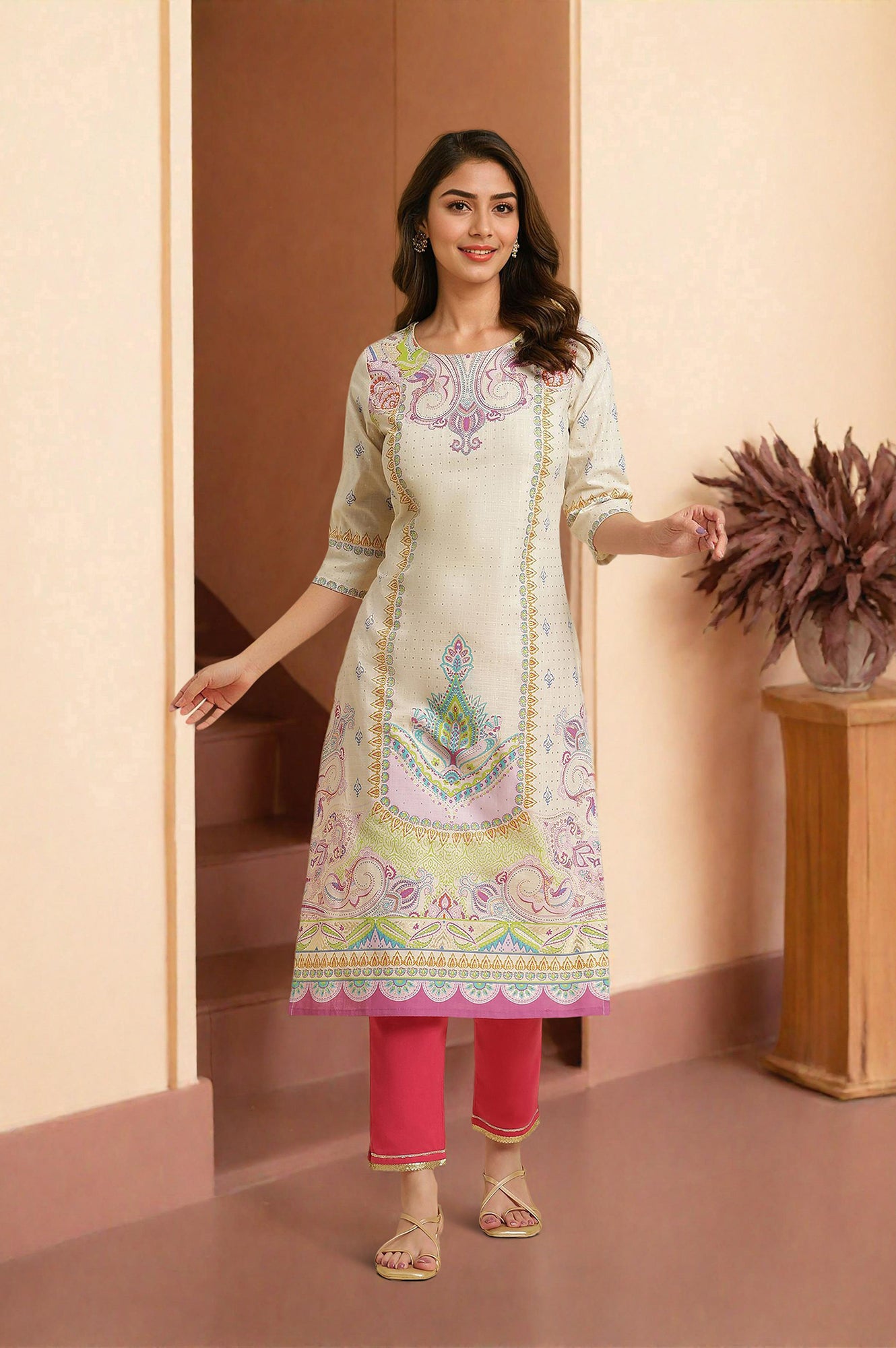 Ecru Straight Kurta With Multi-Coloured Print