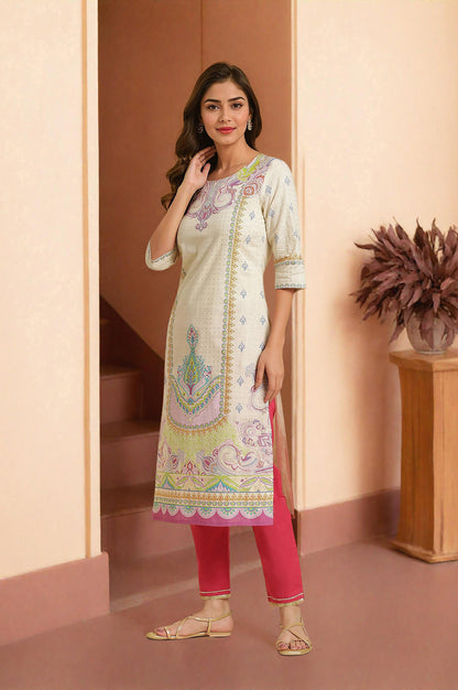 Ecru Straight Kurta With Multi-Coloured Print