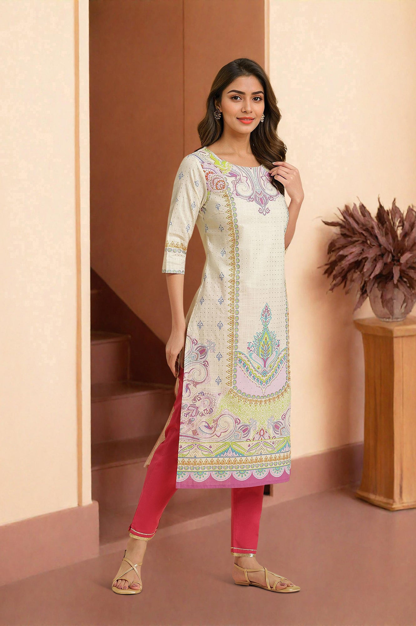 Ecru Straight Kurta With Multi-Coloured Print