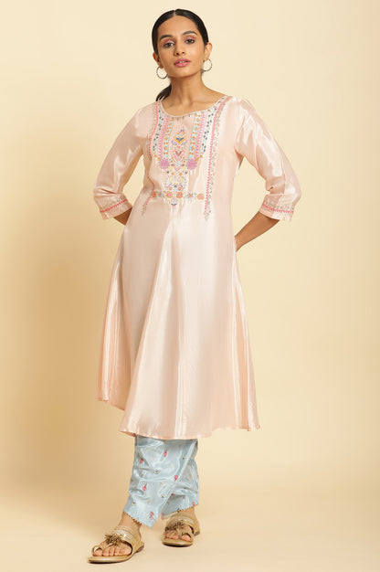 Peach Embroidered Flared Kurta - wforwoman