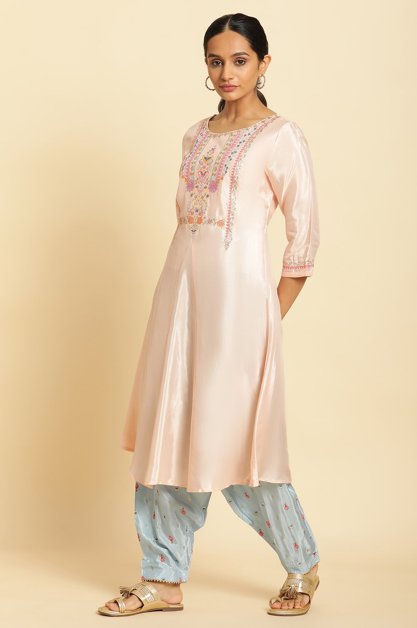 Peach Embroidered Flared Kurta - wforwoman