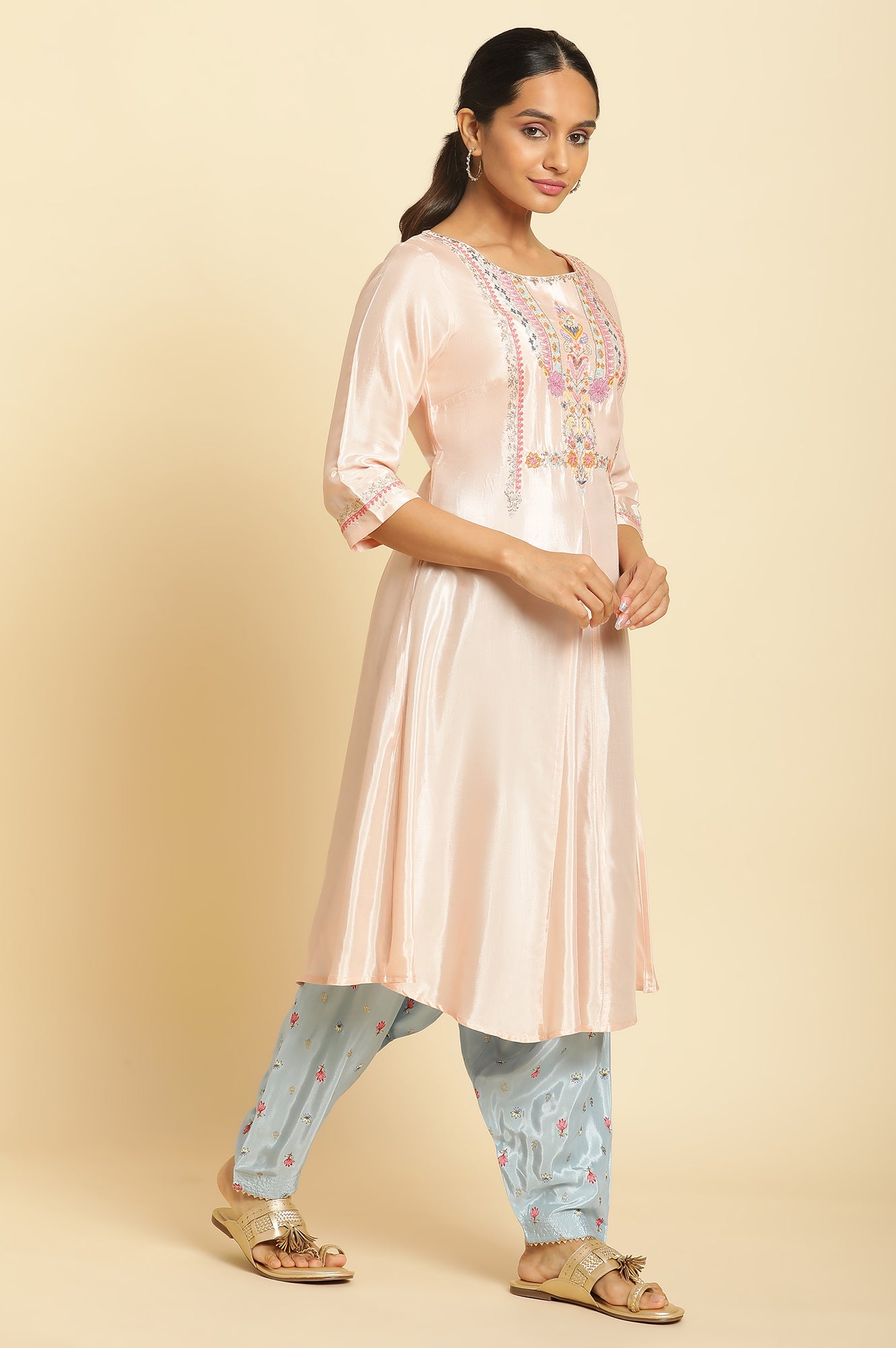 Peach Embroidered Flared Kurta - wforwoman