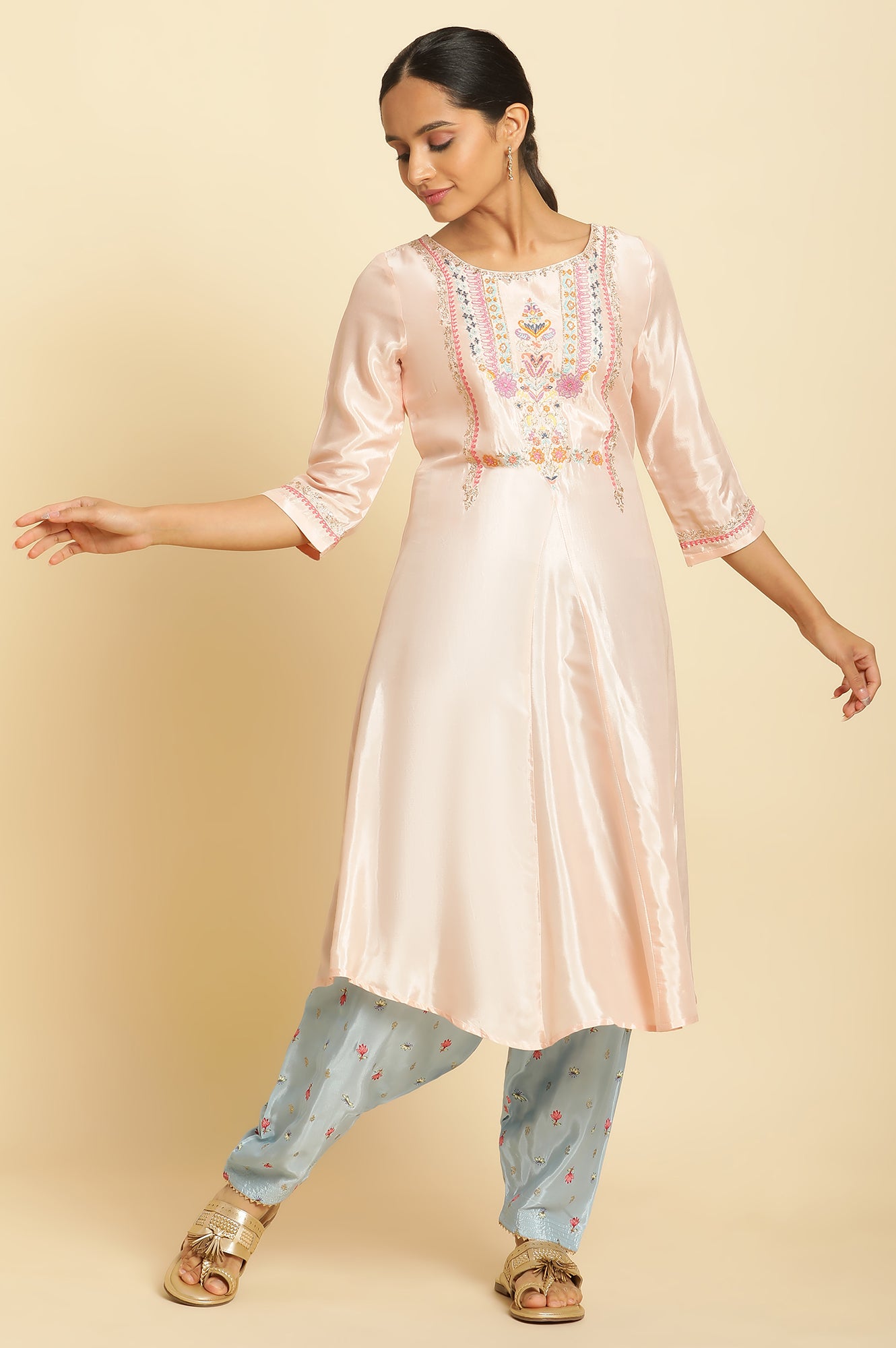 Peach Embroidered Flared Kurta - wforwoman