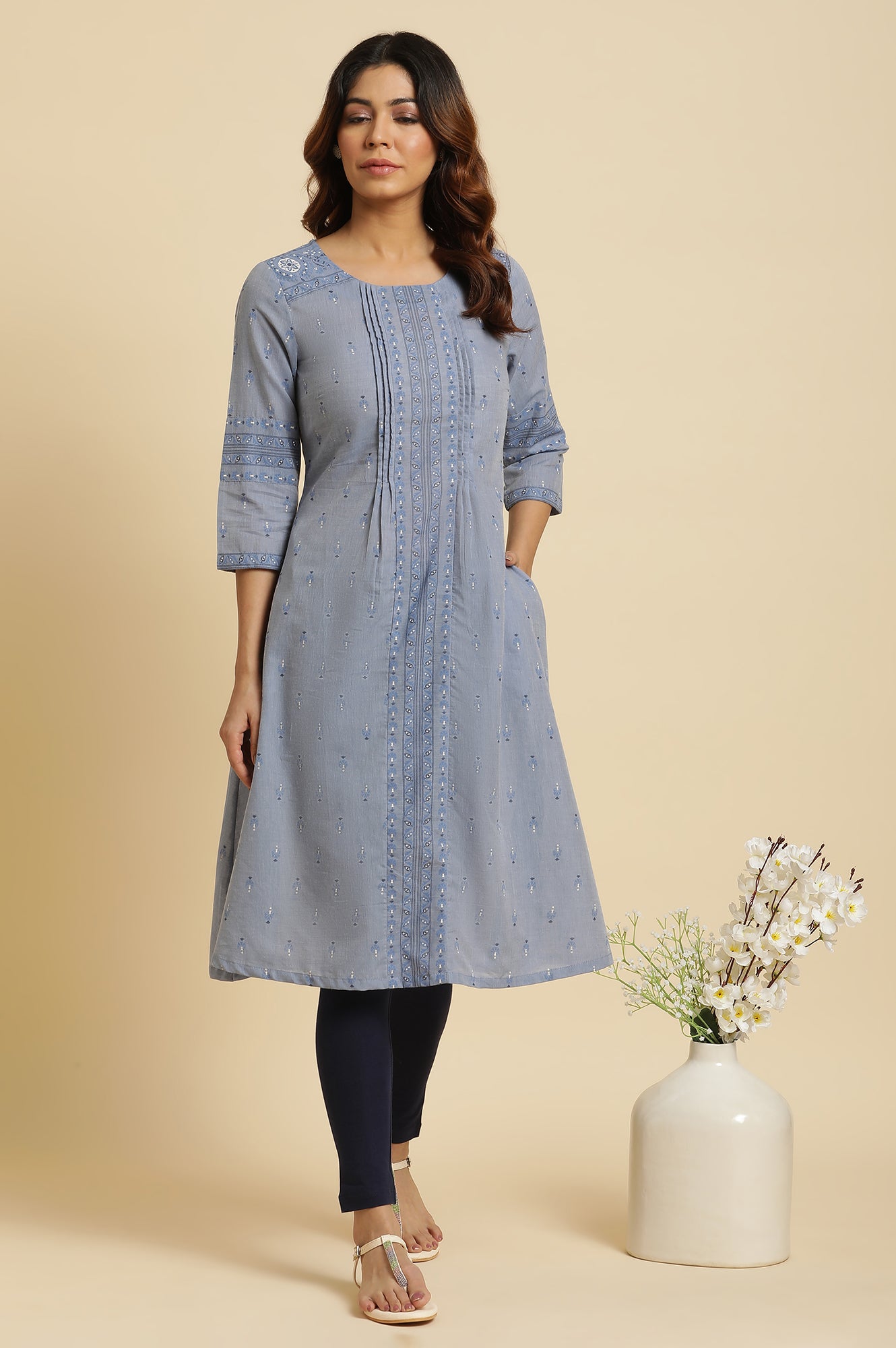 Blue A-Line Printed Kurta