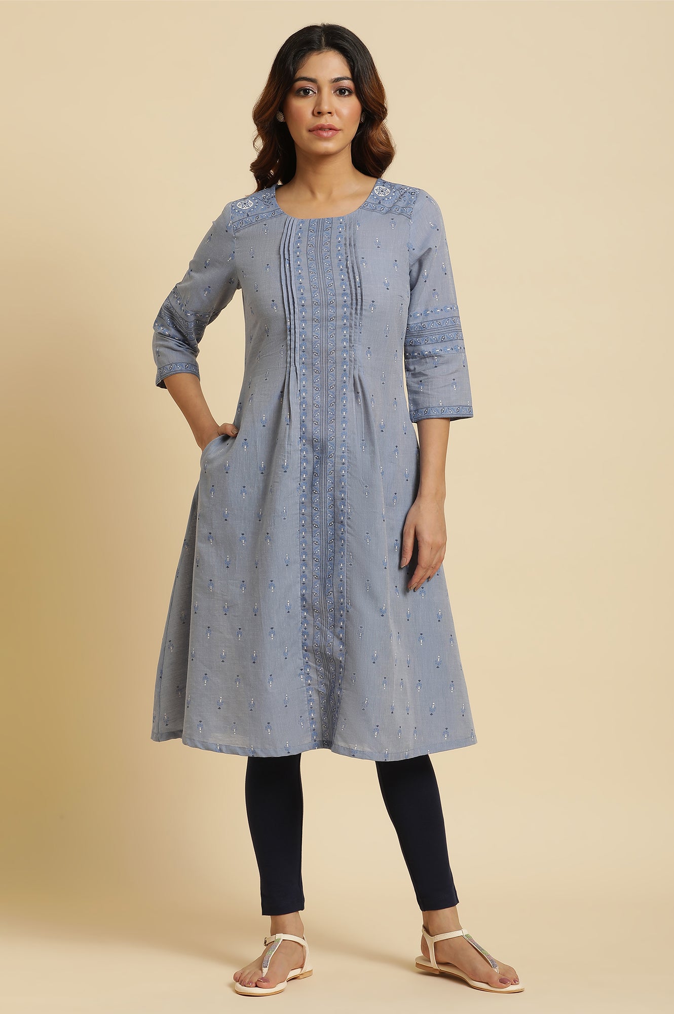 Blue A-Line Printed Kurta