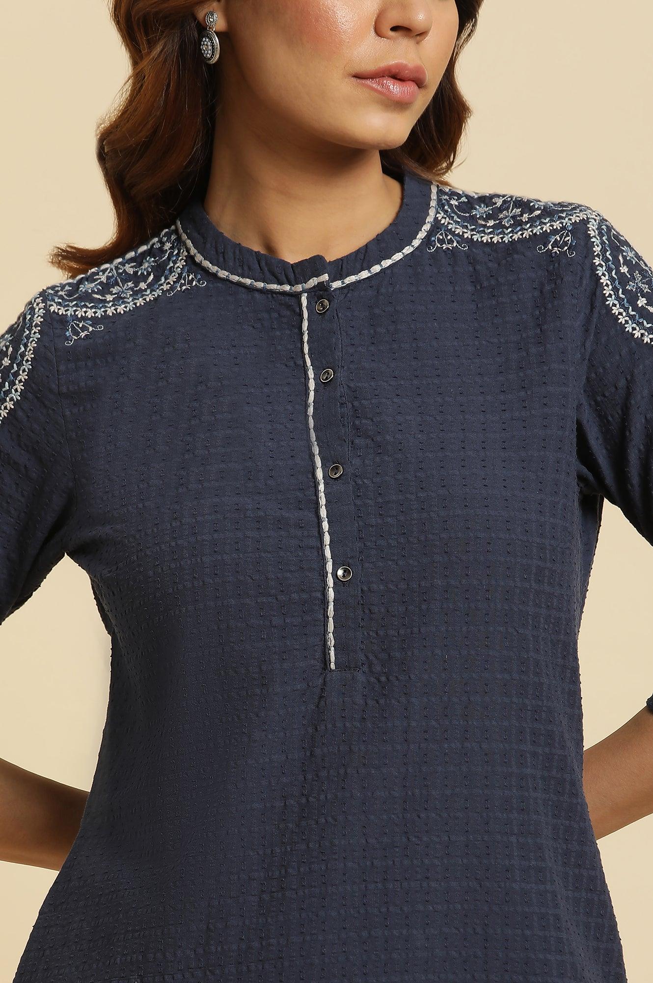 Blue Straight Kurta With Thread Embroidery - wforwoman