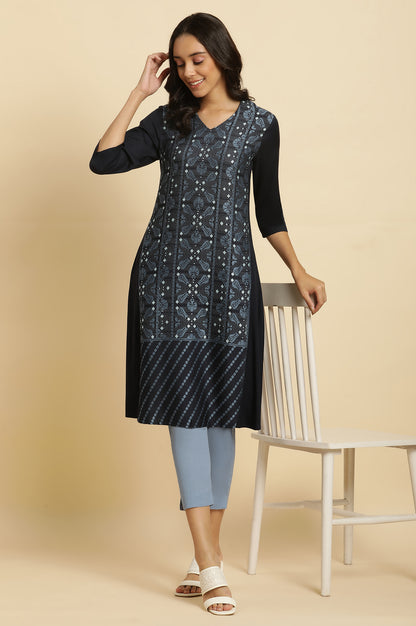 Blue Suzani Motif Dobby Kurta - wforwoman