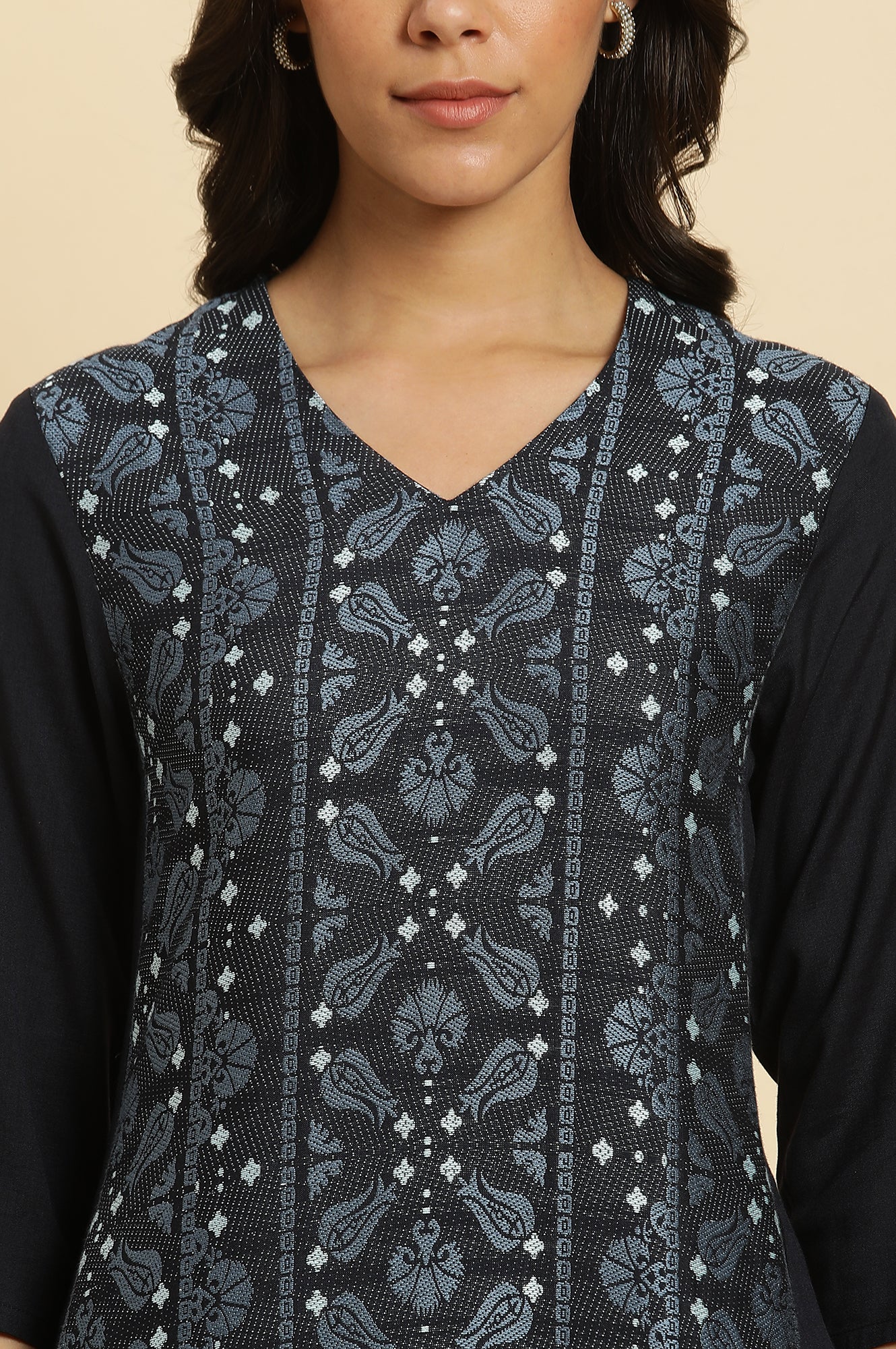 Blue Suzani Motif Dobby Kurta - wforwoman