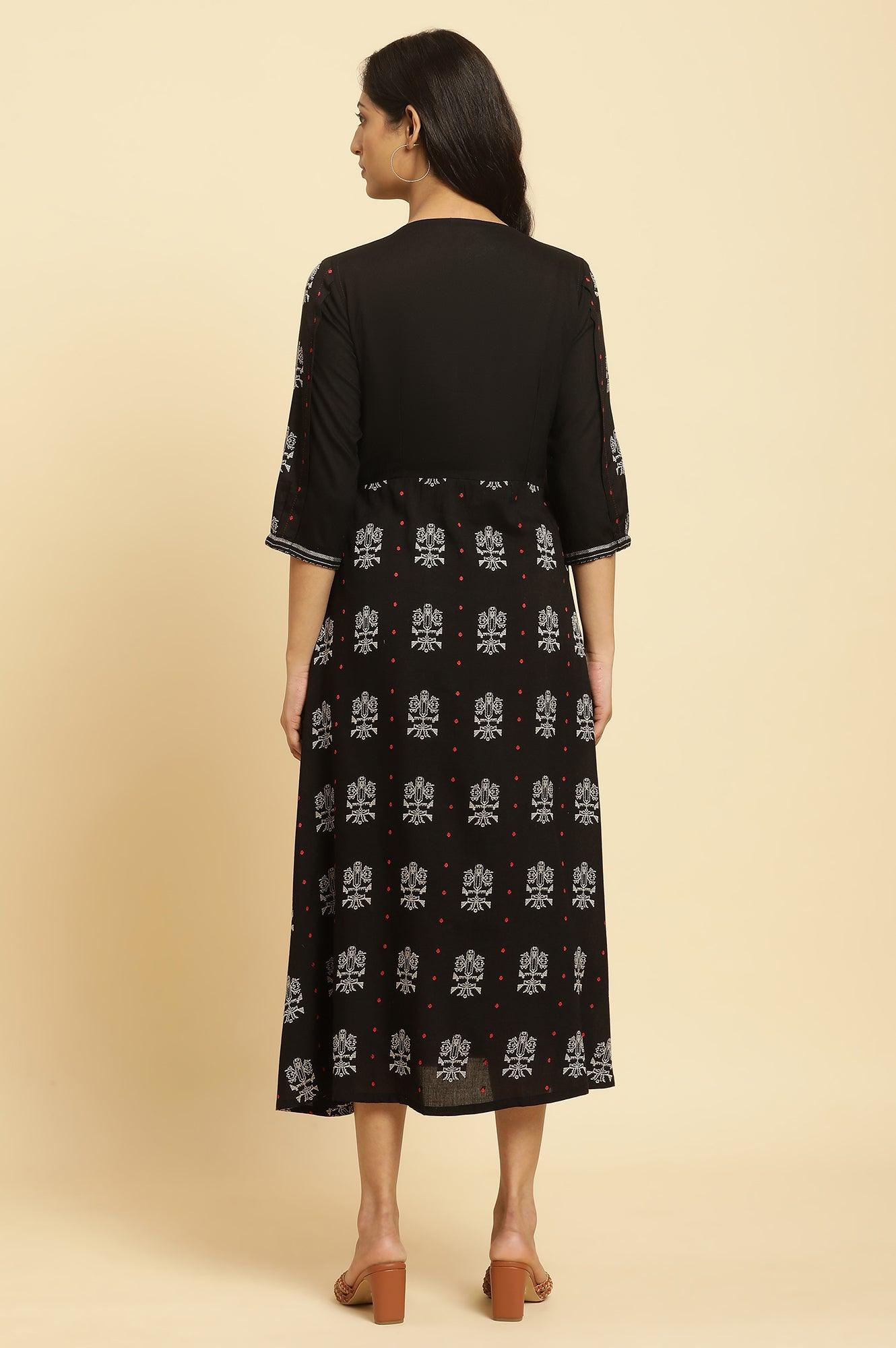 Black Printed Gathered Dress - wforwoman