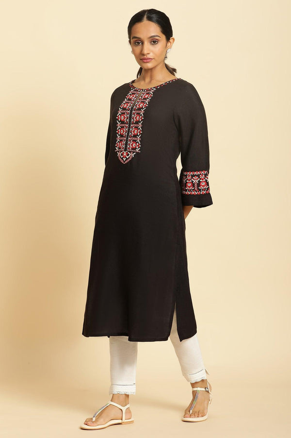Black Thread Embroidered A-line Rayon Flax Kurta
