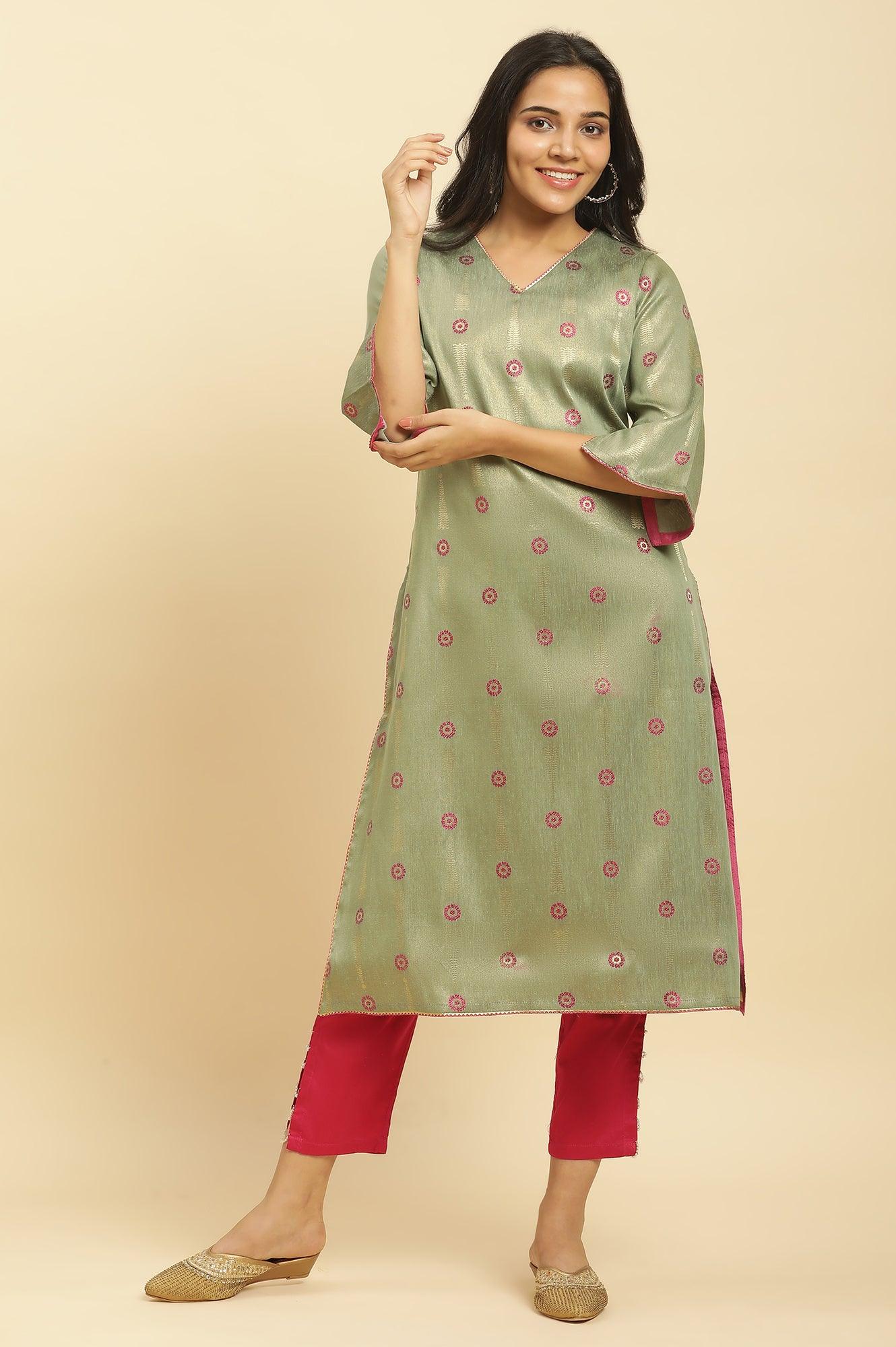 Green Printed Jacquard Kurta - wforwoman