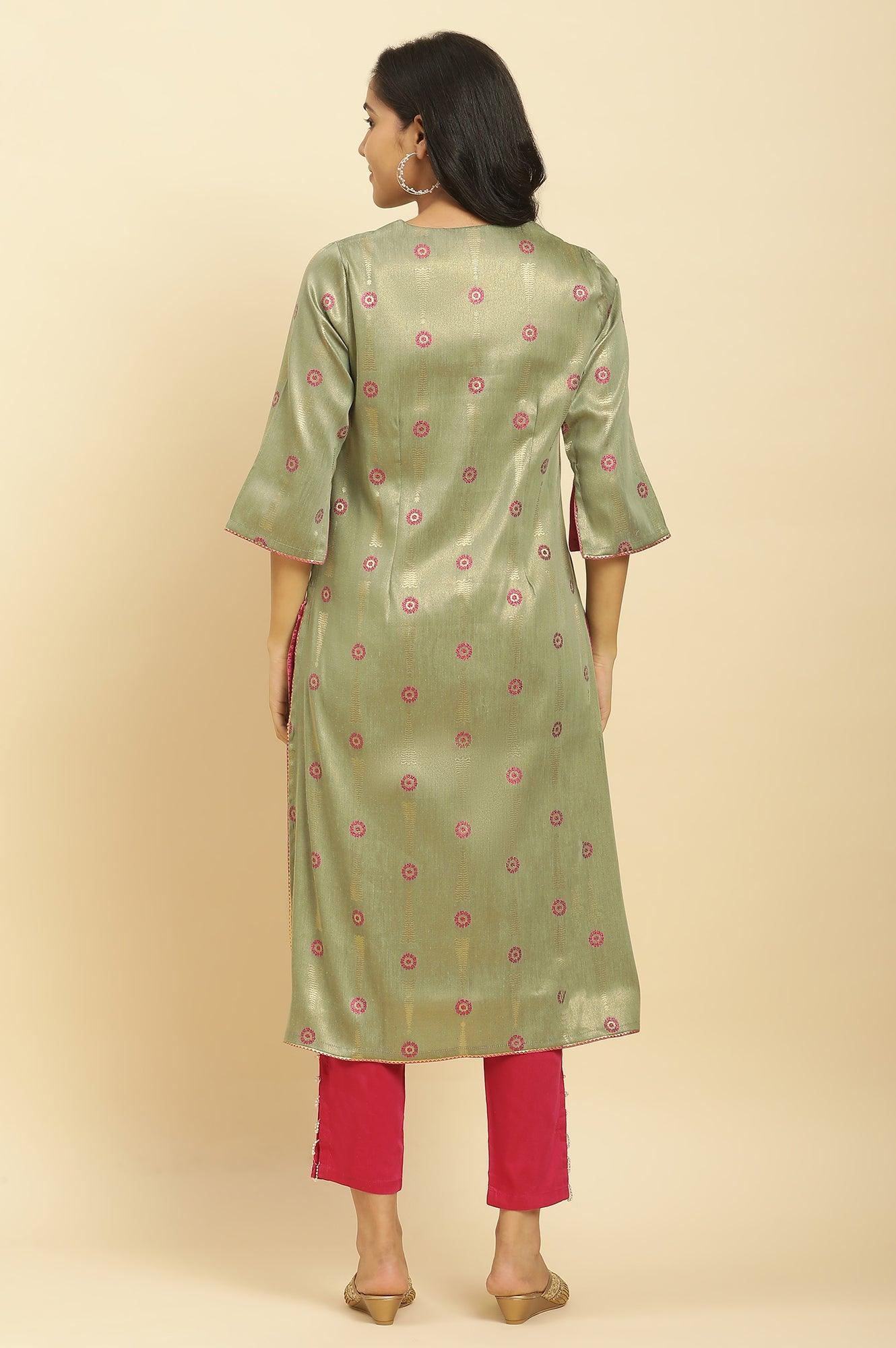 Green Printed Jacquard Kurta - wforwoman