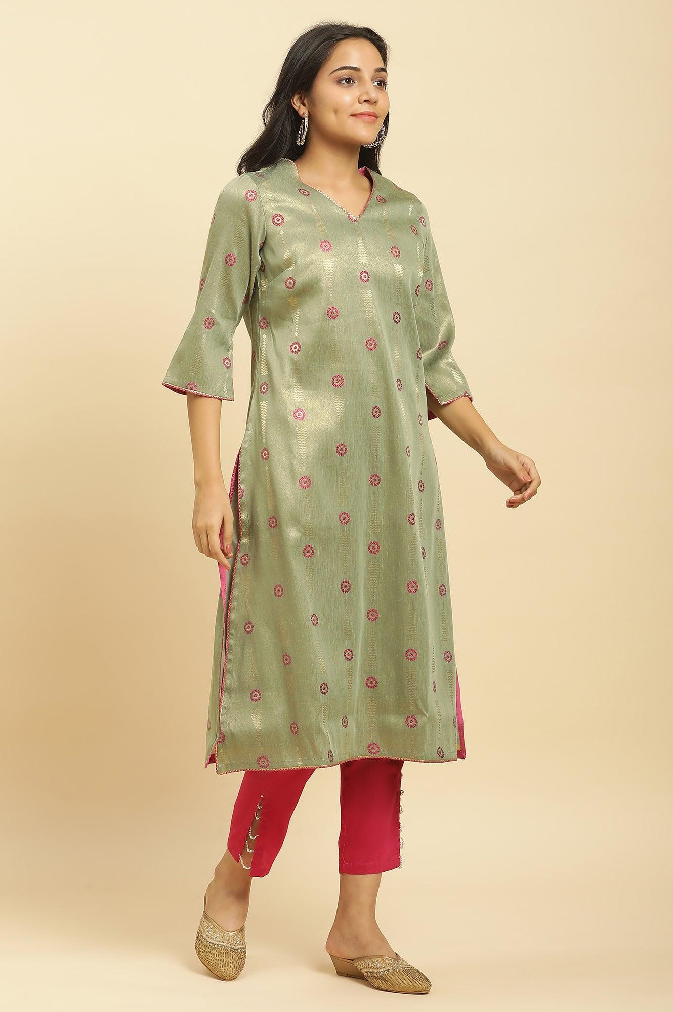 Green Printed Jacquard Kurta - wforwoman