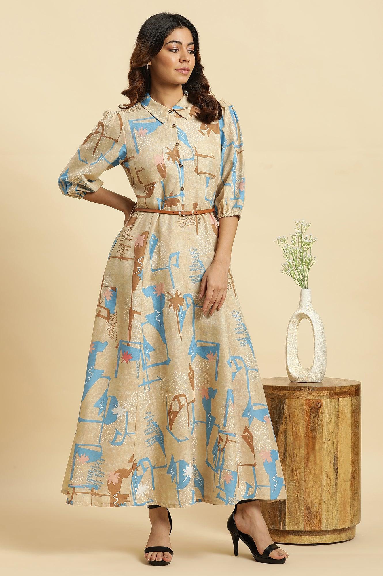 Beige Abstract Printed Western Long Dress With Belt - wforwoman