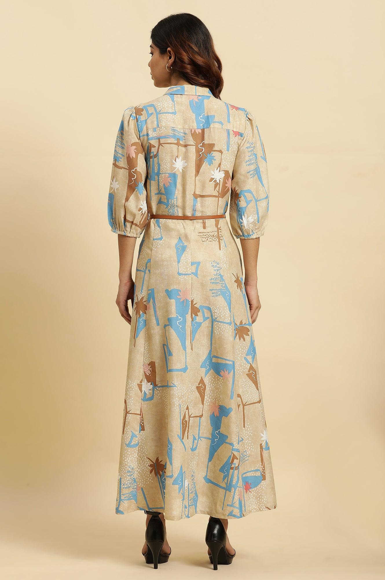 Beige Abstract Printed Western Long Dress With Belt - wforwoman