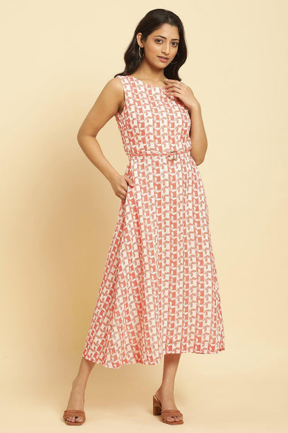 Ecru And Orange Printed Sleeveless Western Dress - wforwoman