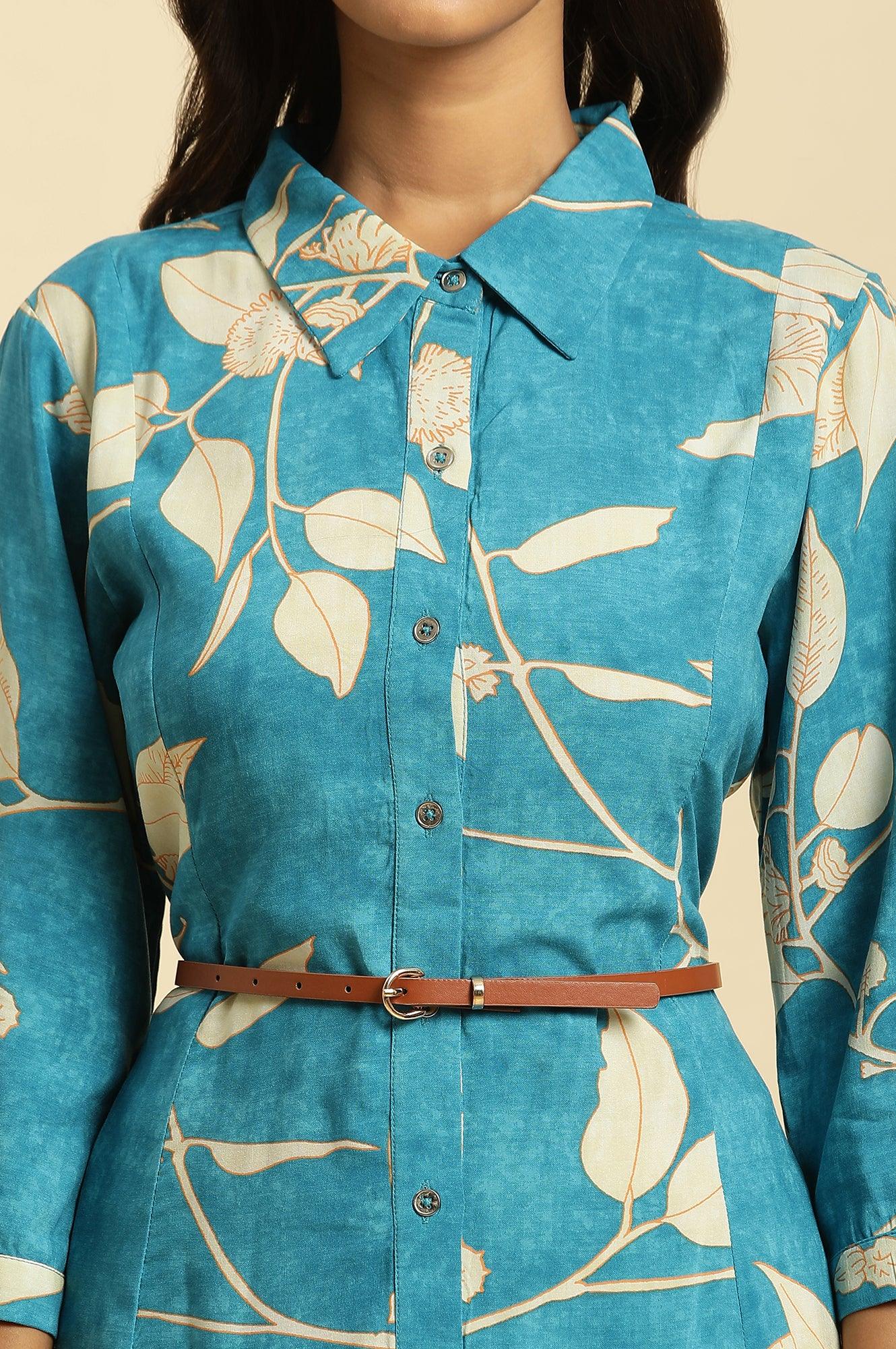 Blue Long Shirt Dress In Abstract Print - wforwoman