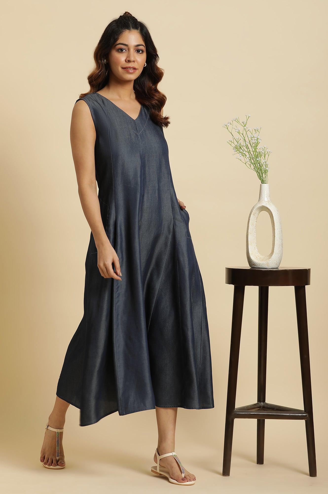 Blue Denim Sleeveless Flowy Dress - wforwoman