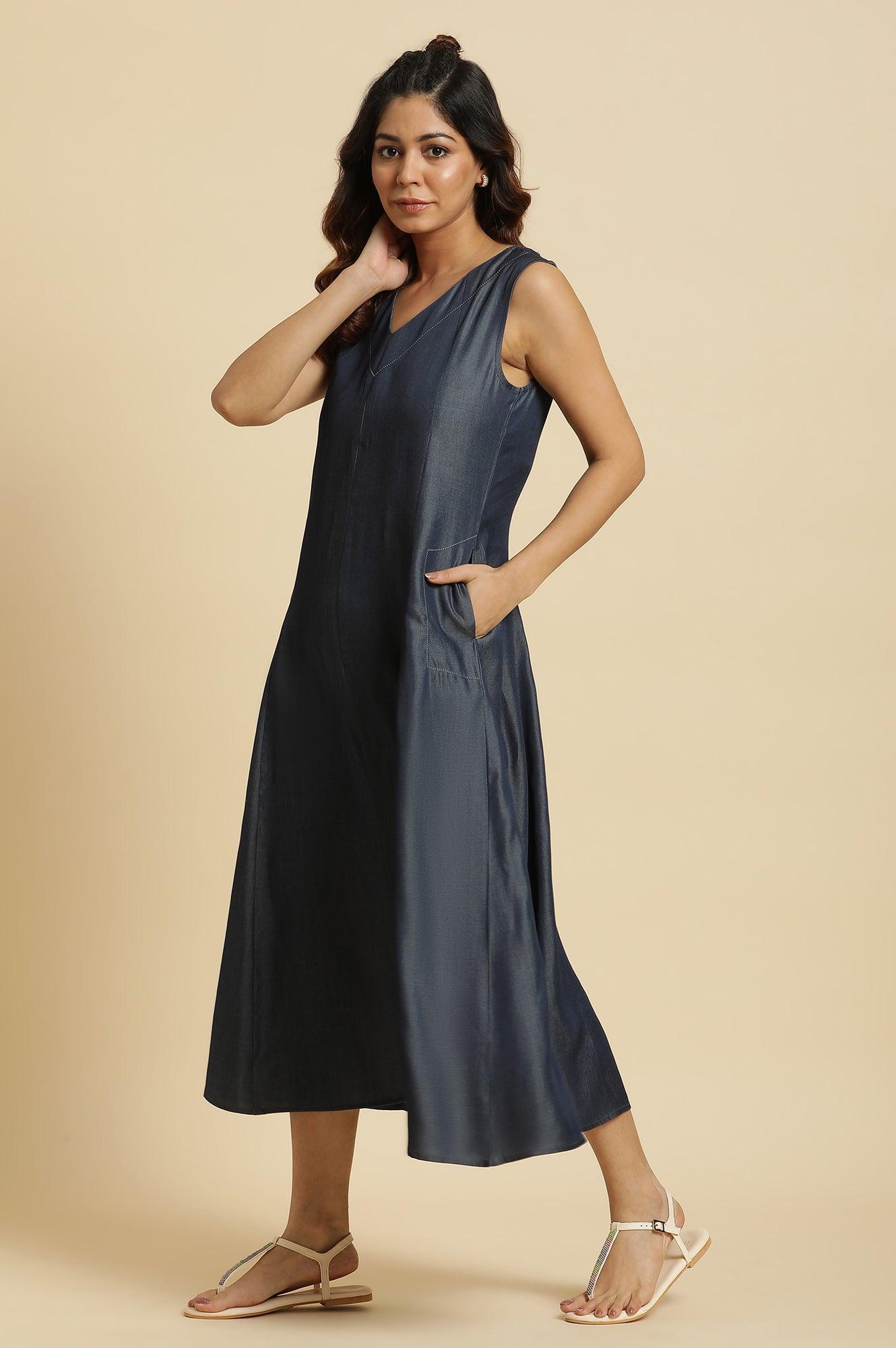 Blue Denim Sleeveless Flowy Dress - wforwoman