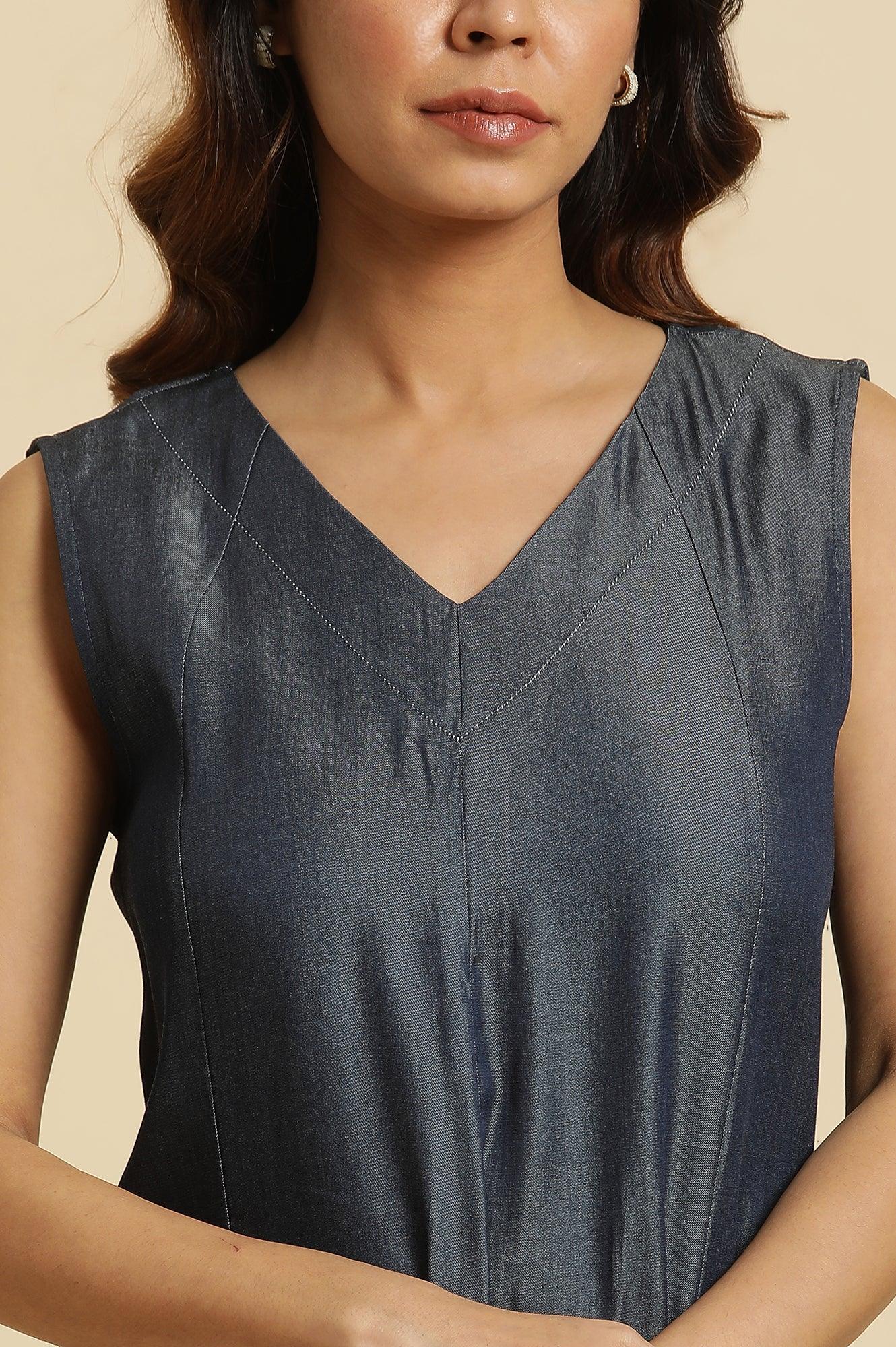 Blue Denim Sleeveless Flowy Dress - wforwoman