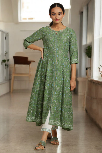 Forest Green Printed Panelled Kurta