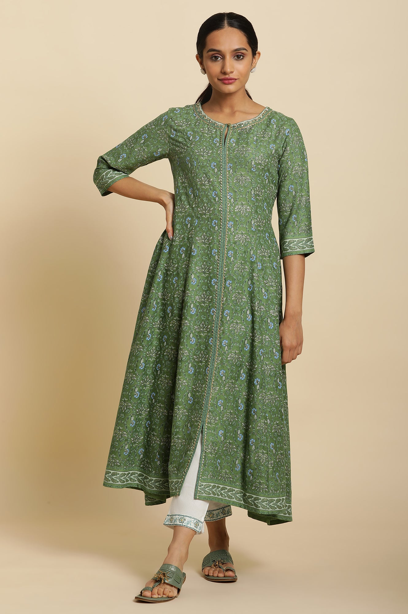 Forest Green Printed Panelled Kurta - wforwoman