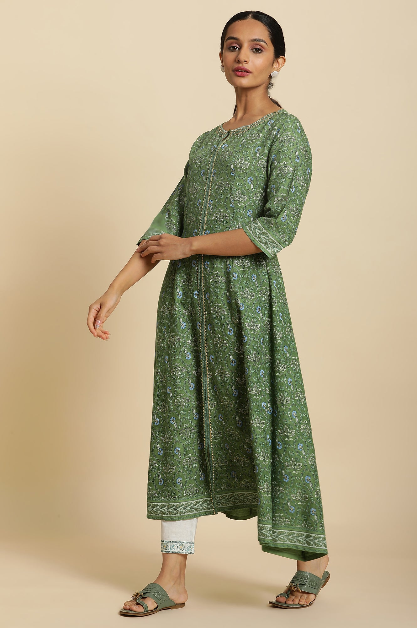 Forest Green Printed Panelled Kurta - wforwoman