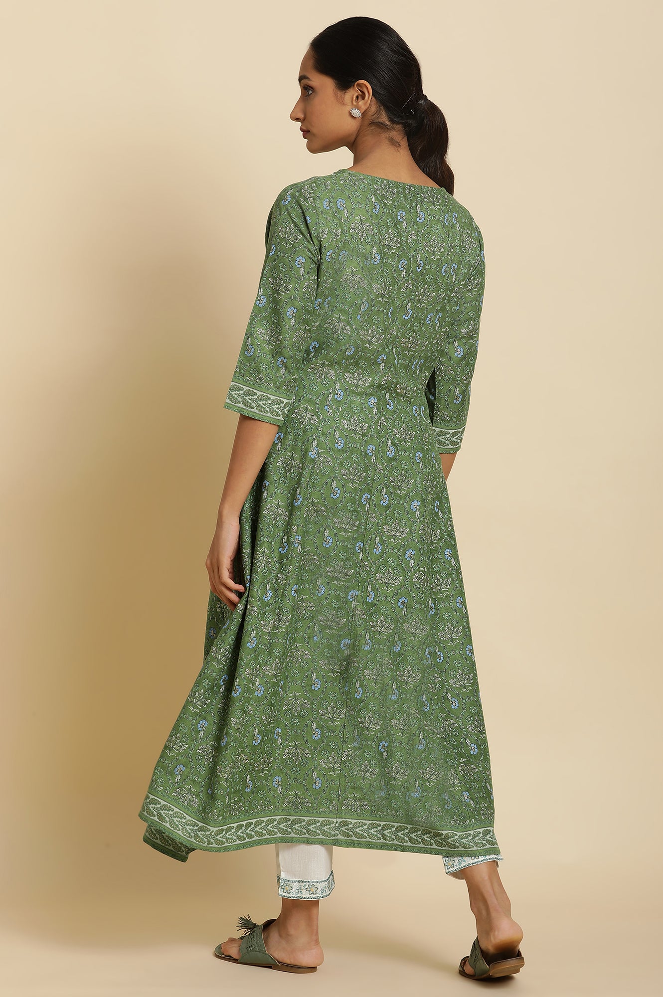 Forest Green Printed Panelled Kurta - wforwoman