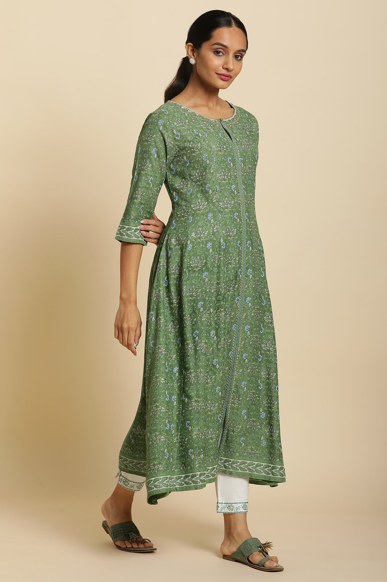 Forest Green Printed Panelled Kurta - wforwoman