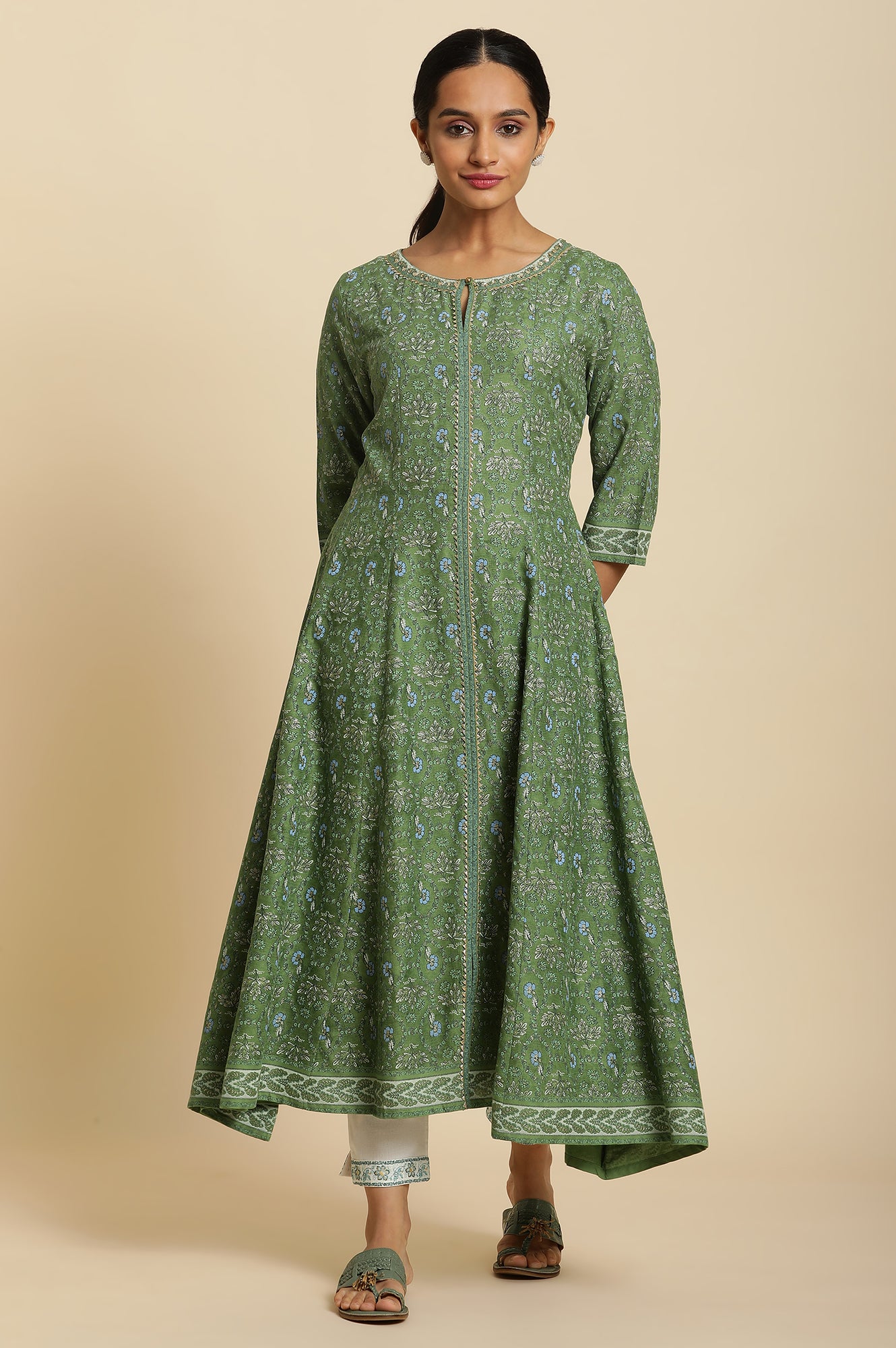 Forest Green Printed Panelled Kurta - wforwoman