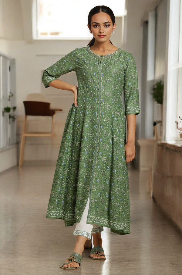 Forest Green Printed Panelled Kurta