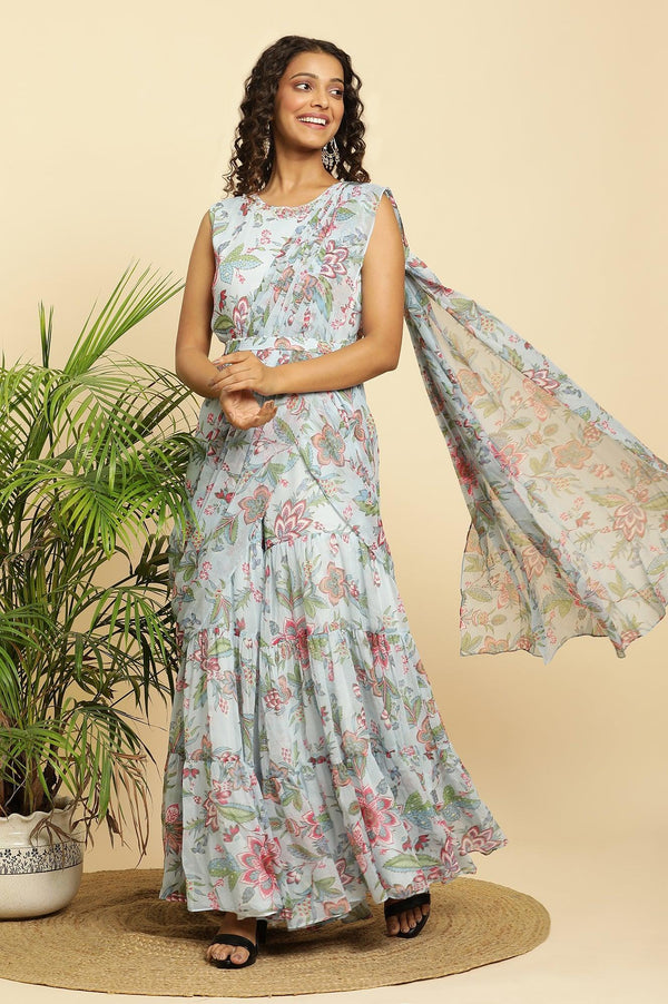 Blue Floral Printed Rayon Wide-Leg Jumpsuit