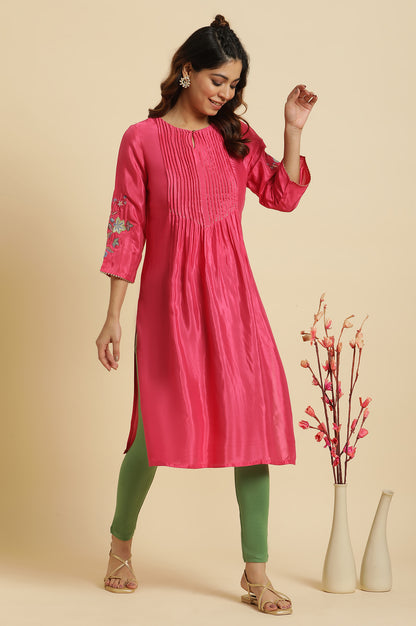 Pink Floral Embroidered Festive Kurta  - wforwoman