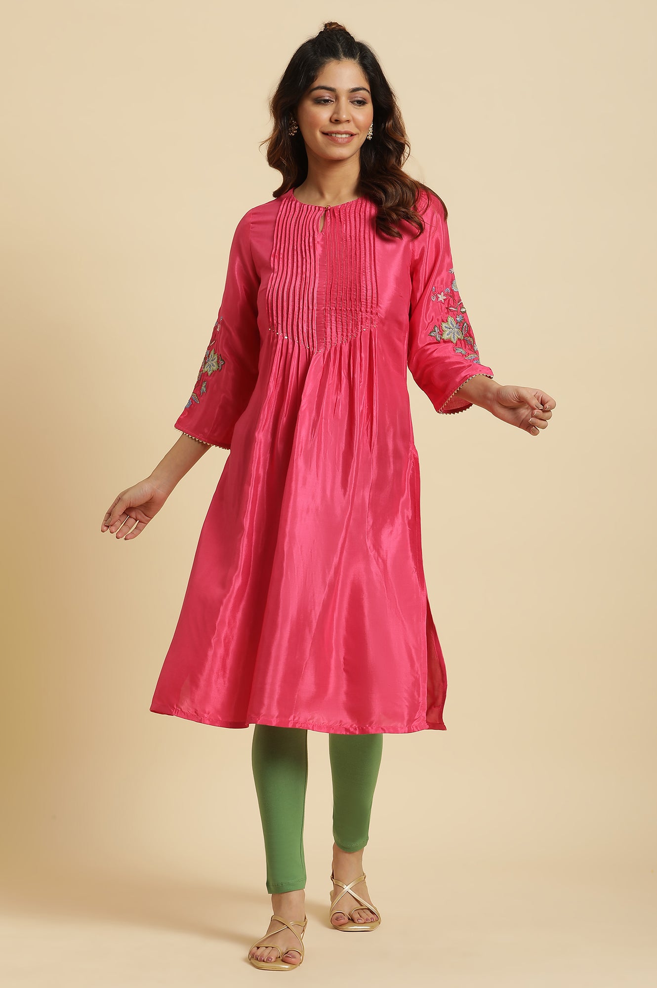 Pink Floral Embroidered Festive Kurta  - wforwoman