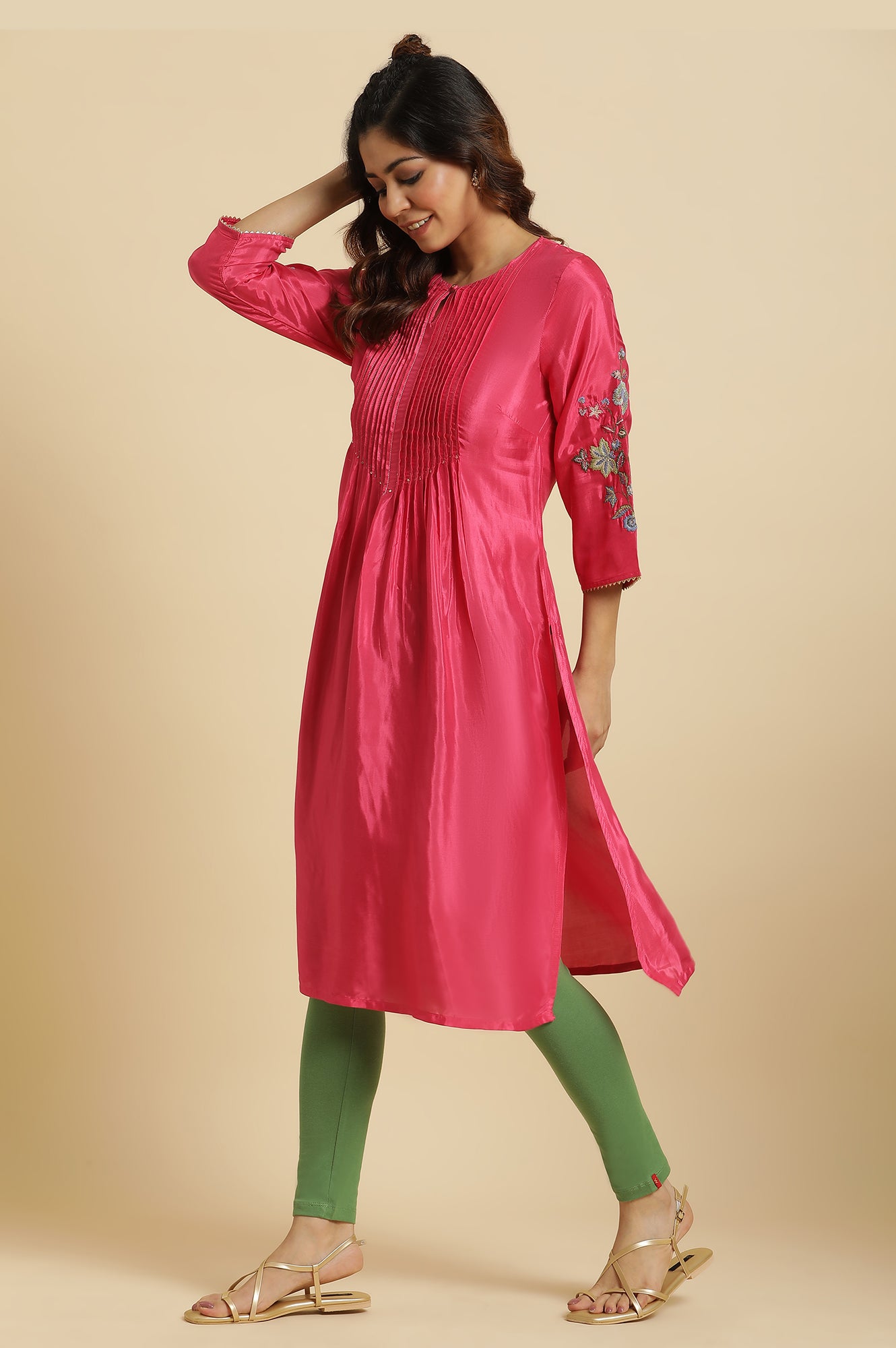 Pink Floral Embroidered Festive Kurta  - wforwoman