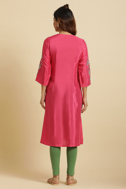 Pink Floral Embroidered Festive Kurta  - wforwoman