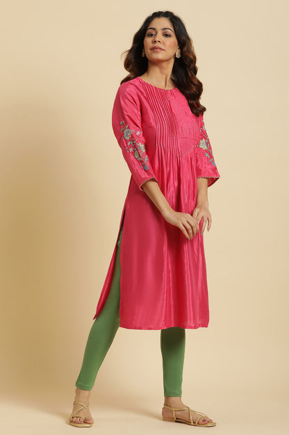 Pink Floral Embroidered Festive Kurta  - wforwoman