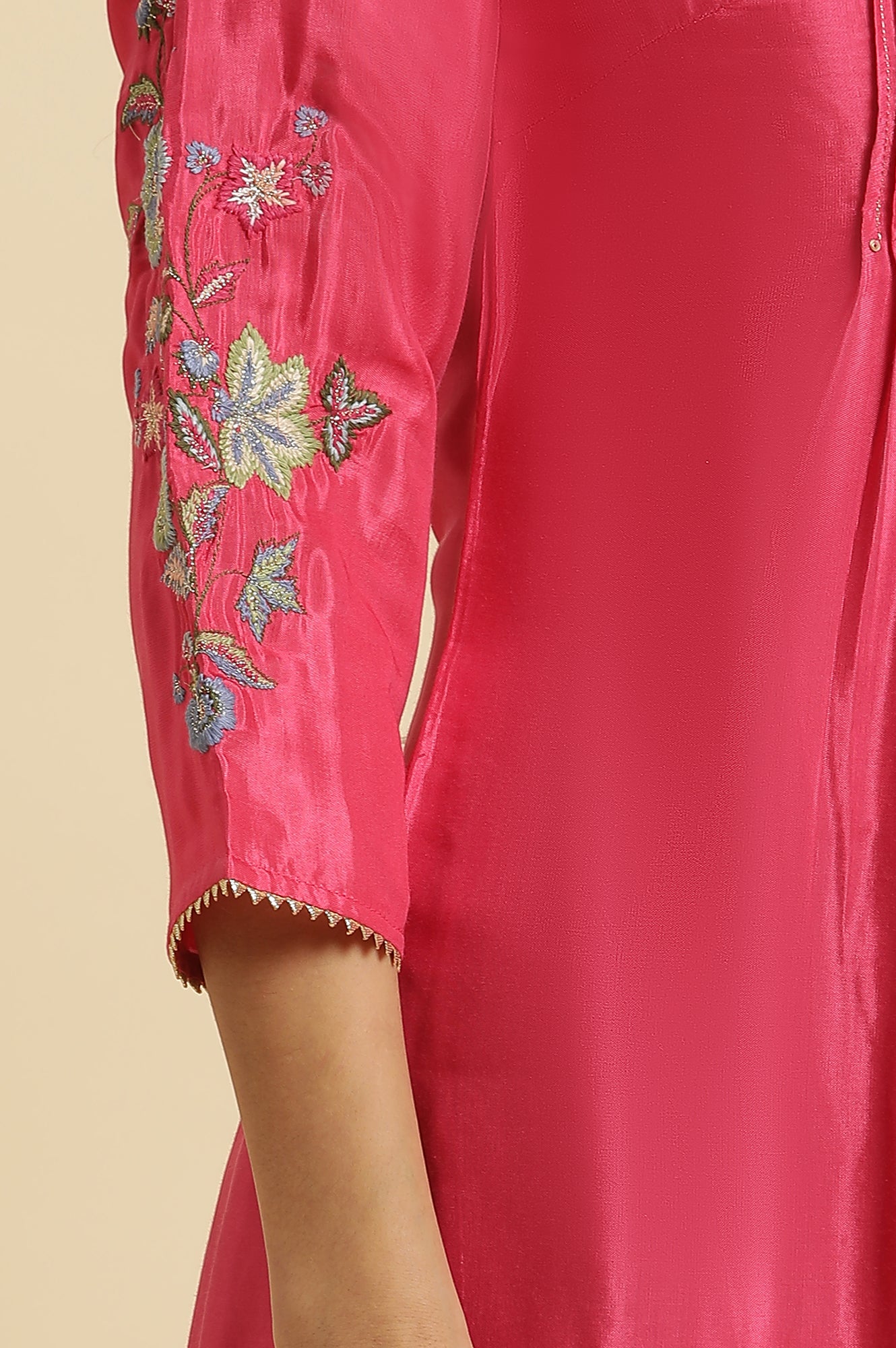 Pink Floral Embroidered Festive Kurta  - wforwoman