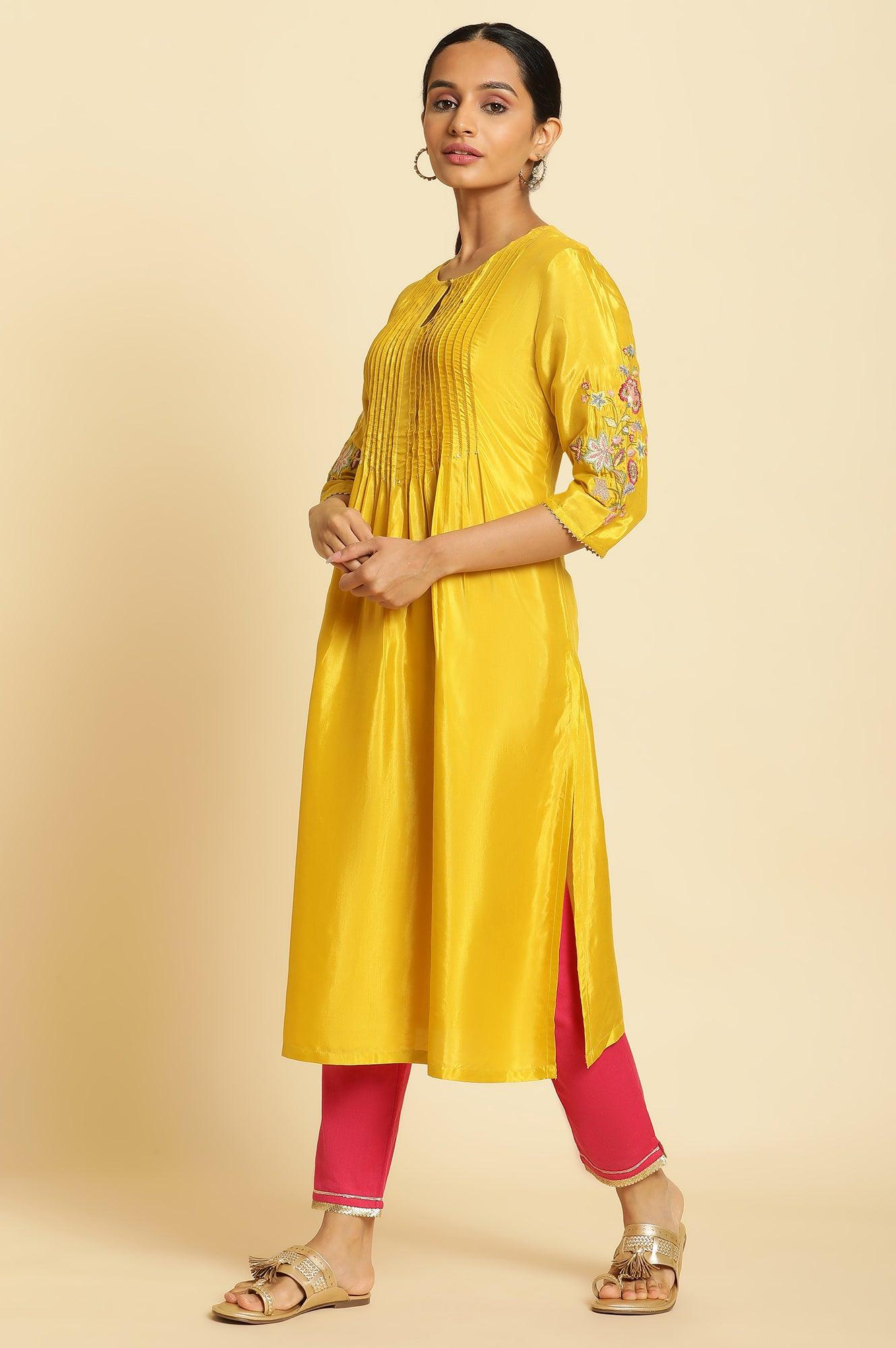 Marigold Yellow Embroidered Kurta - wforwoman